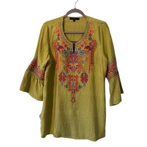 Calessa Embroidered Boho Tunic Top L Green Multicolor Back Panel Bell Sleeves